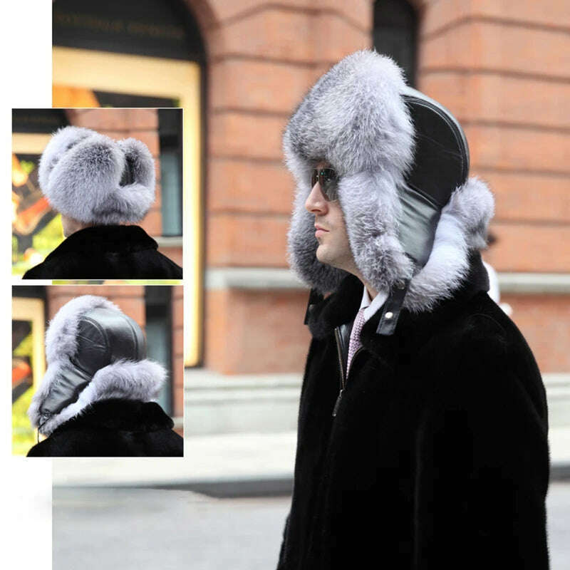 Winter Men's 100% Real Silver Fox Fur Bomber Hat Raccoon Fur Ushanka Cap Trapper Russian Man Ski Hats Caps Real Leather - KIMLUD