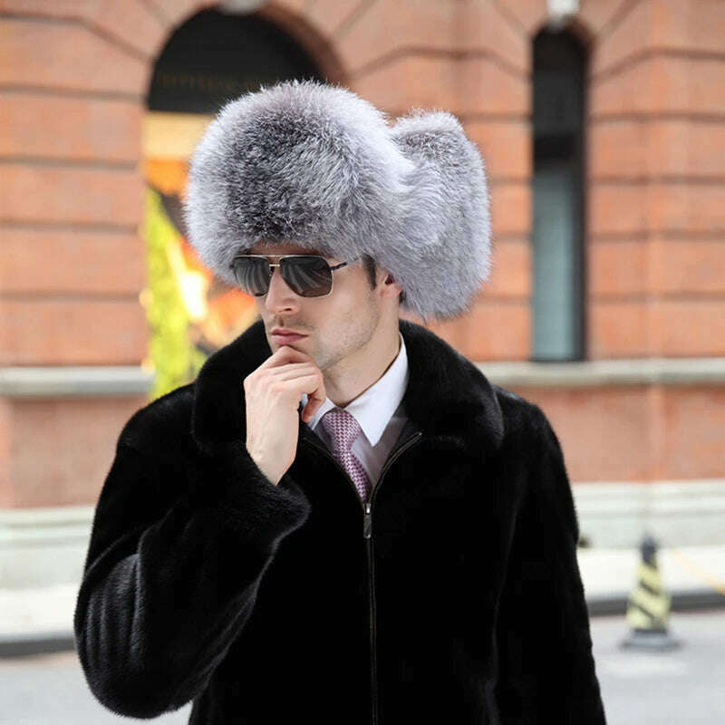 Winter Men's 100% Real Silver Fox Fur Bomber Hat Raccoon Fur Ushanka Cap Trapper Russian Man Ski Hats Caps Real Leather - KIMLUD