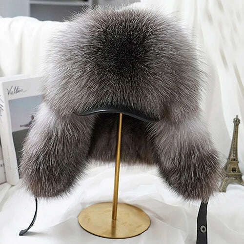 Winter Men's 100% Real Sliver Fox Fur Bomber Hat Raccoon Fur Ushanka Cap Trapper Russian Man Ski Hats Caps Mens Raccoon Fur Hat - KIMLUD