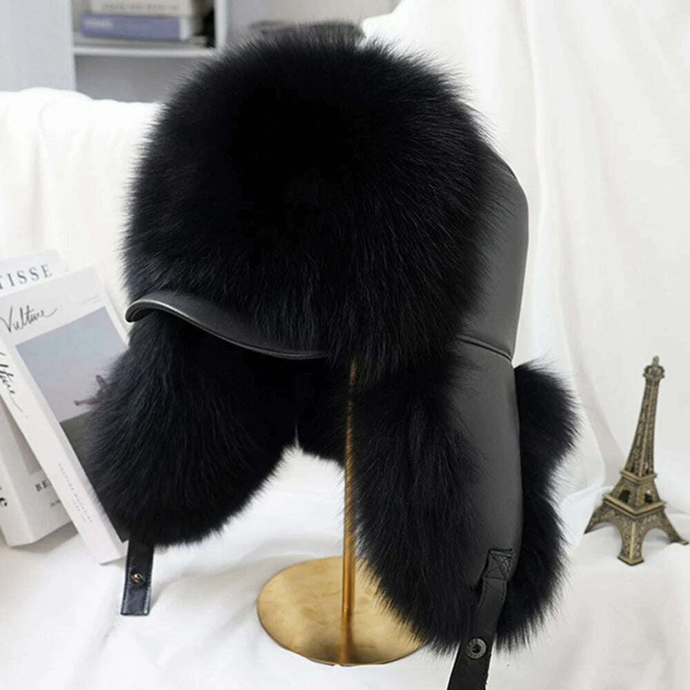 KIMLUD, Winter Men's 100% Real Sliver Fox Fur Bomber Hat Raccoon Fur Ushanka Cap Trapper Russian Man Ski Hats Caps Mens Raccoon Fur Hat, KIMLUD Women's Clothes