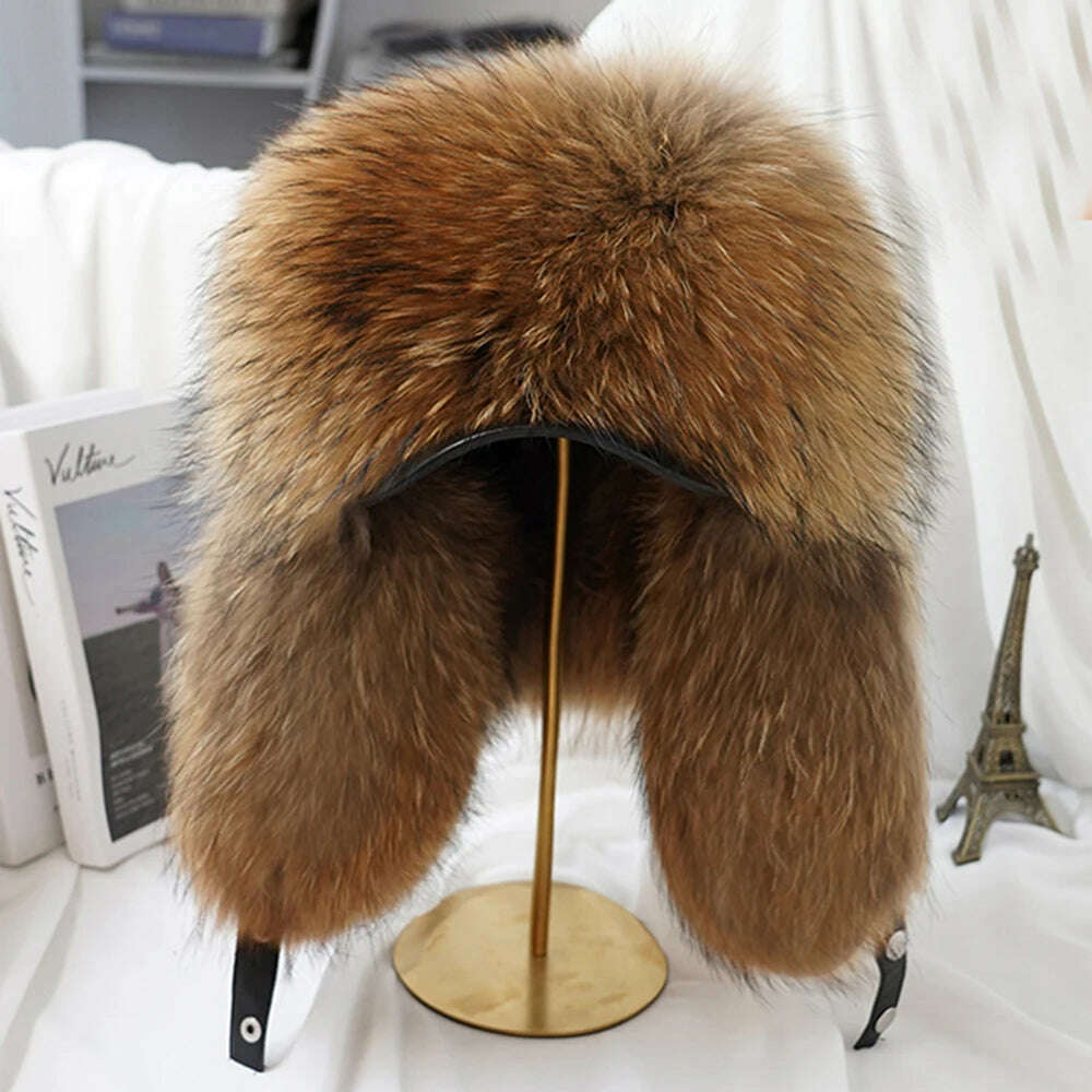 Winter Men's 100% Real Sliver Fox Fur Bomber Hat Raccoon Fur Ushanka Cap Trapper Russian Man Ski Hats Caps Mens Raccoon Fur Hat - KIMLUD