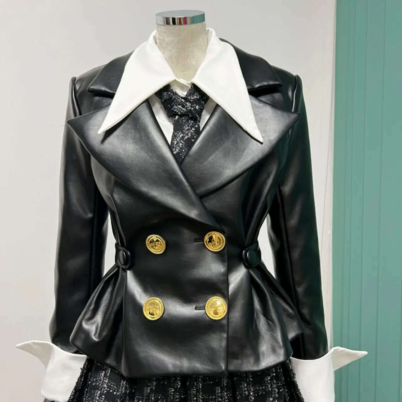 KIMLUD, Winter new 2023 chic chic British style waist suit collar PU short coat gold double breasted leather fashion, KIMLUD Women's Clothes