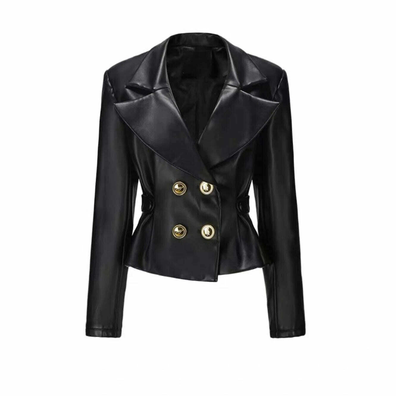 KIMLUD, Winter new 2023 chic chic British style waist suit collar PU short coat gold double breasted leather fashion, black / S, KIMLUD Women's Clothes
