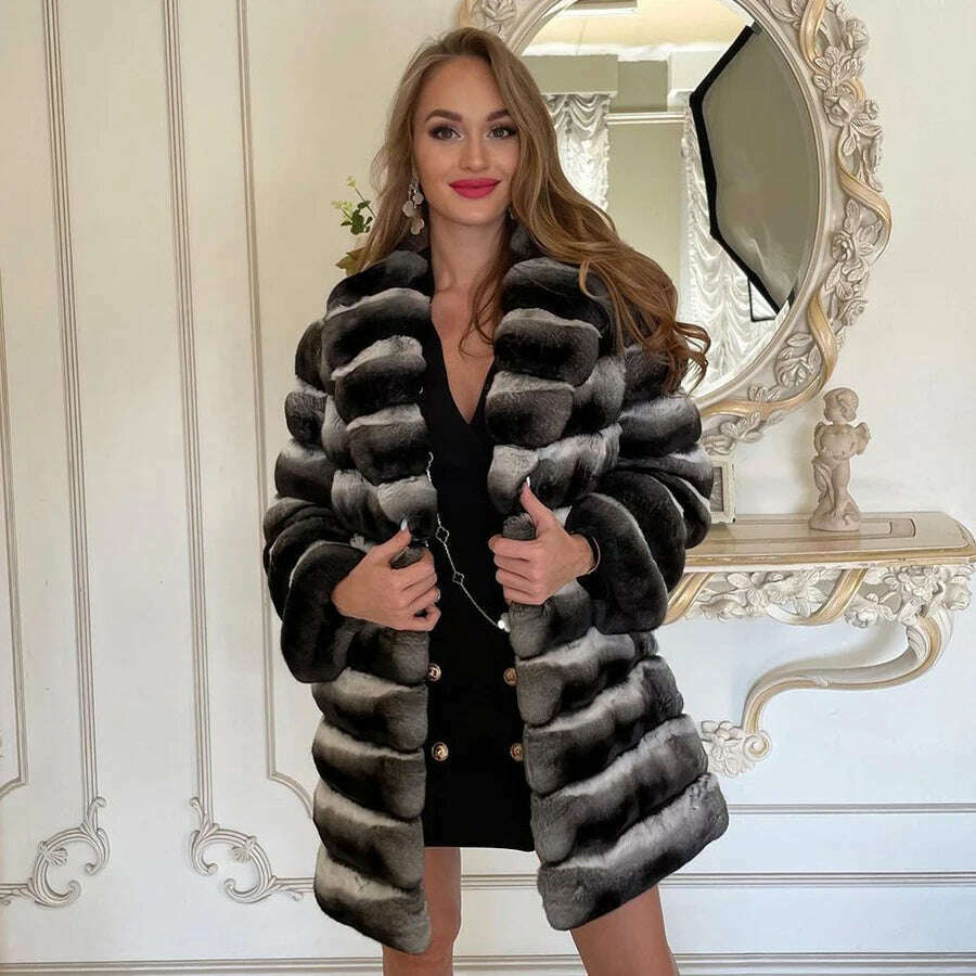 KIMLUD, Winter Rabbit Fur Coats For Womens 2024 Fashion Luxury Chinchilla Rex Rabbit Fur Jackets With Turndown Collar, KIMLUD Womens Clothes