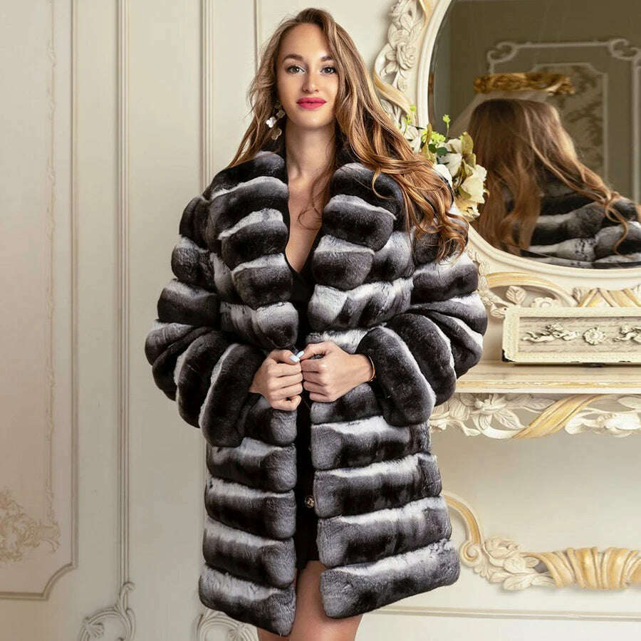 KIMLUD, Winter Rabbit Fur Coats For Womens 2024 Fashion Luxury Chinchilla Rex Rabbit Fur Jackets With Turndown Collar, KIMLUD Womens Clothes