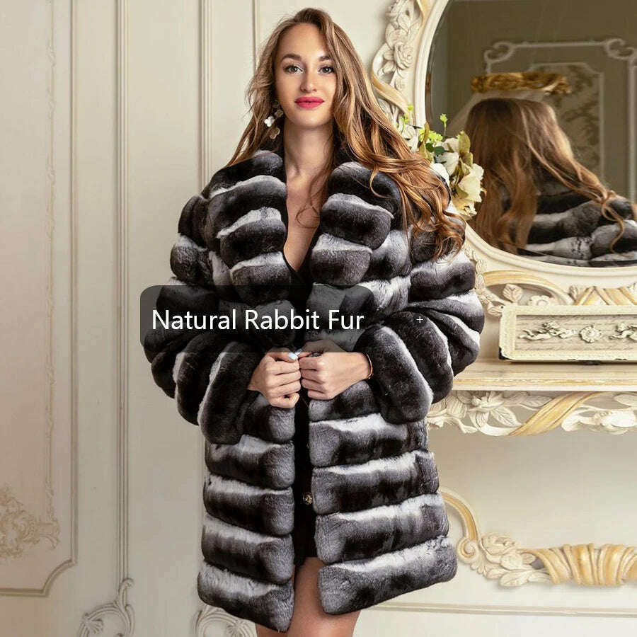 KIMLUD, Winter Rabbit Fur Coats For Womens 2024 Fashion Luxury Chinchilla Rex Rabbit Fur Jackets With Turndown Collar, KIMLUD Womens Clothes