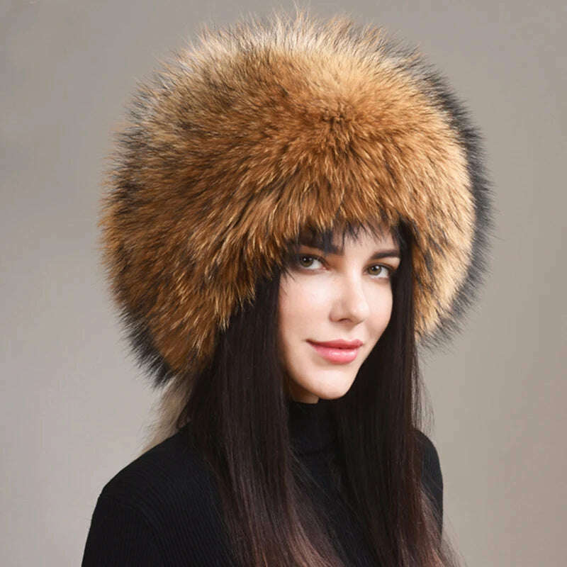 KIMLUD, Winter Real Fox Fur Hats For Women Winter Stylish Russian Thick Warm Beanie women Hat Natural Fluffy Fur Caps With Tail, KIMLUD Womens Clothes