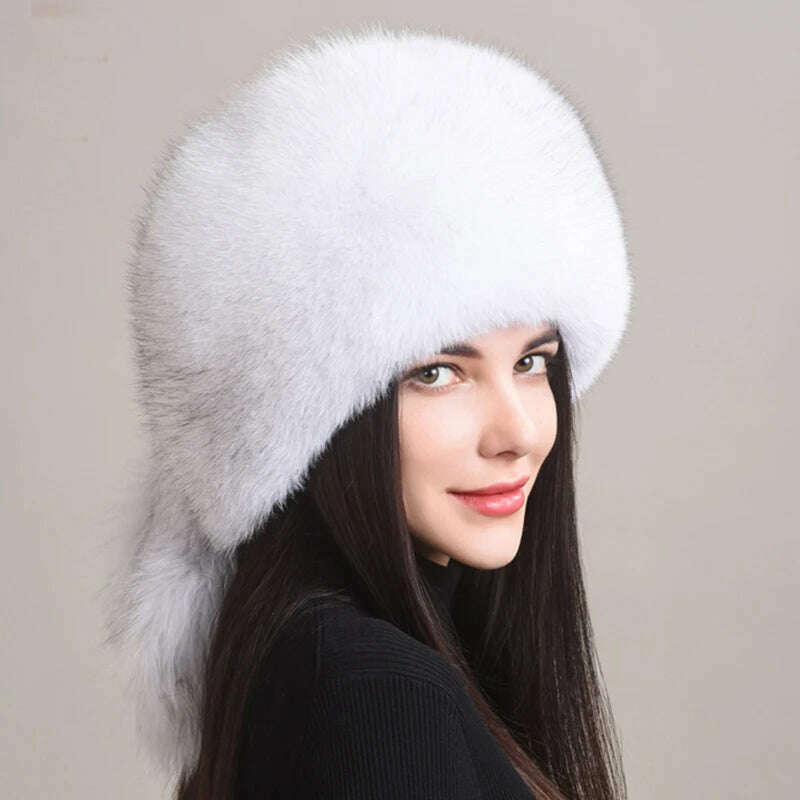 KIMLUD, Winter Real Fox Fur Hats For Women Winter Stylish Russian Thick Warm Beanie women Hat Natural Fluffy Fur Caps With Tail, natural fox white, KIMLUD Womens Clothes