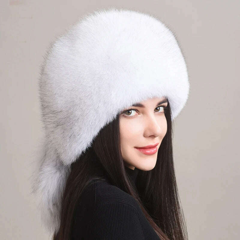KIMLUD, Winter Real Fox Fur Hats For Women Winter Stylish Russian Thick Warm Beanie women Hat Natural Fluffy Fur Caps With Tail, natural fox white, KIMLUD APPAREL - Womens Clothes
