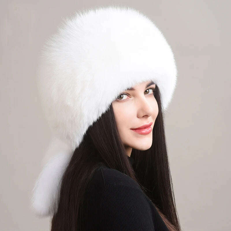 Winter Real Fox Fur Hats For Women Winter Stylish Russian Thick Warm Beanie women Hat Natural Fluffy Fur Caps With Tail, white, KIMLUD Women's Clothes