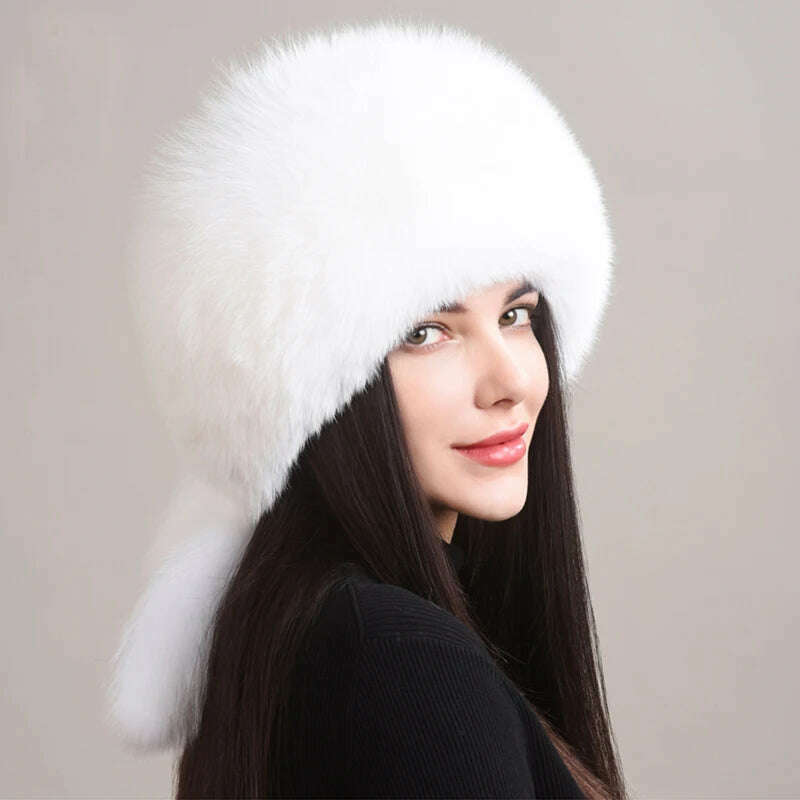 KIMLUD, Winter Real Fox Fur Hats For Women Winter Stylish Russian Thick Warm Beanie women Hat Natural Fluffy Fur Caps With Tail, white, KIMLUD APPAREL - Womens Clothes