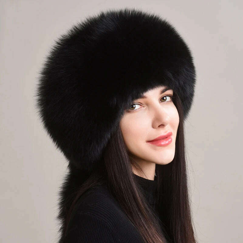 Winter Real Fox Fur Hats For Women Winter Stylish Russian Thick Warm Beanie women Hat Natural Fluffy Fur Caps With Tail, black, KIMLUD Women's Clothes