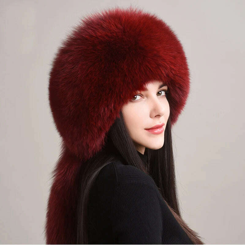 KIMLUD, Winter Real Fox Fur Hats For Women Winter Stylish Russian Thick Warm Beanie women Hat Natural Fluffy Fur Caps With Tail, wine red, KIMLUD Womens Clothes