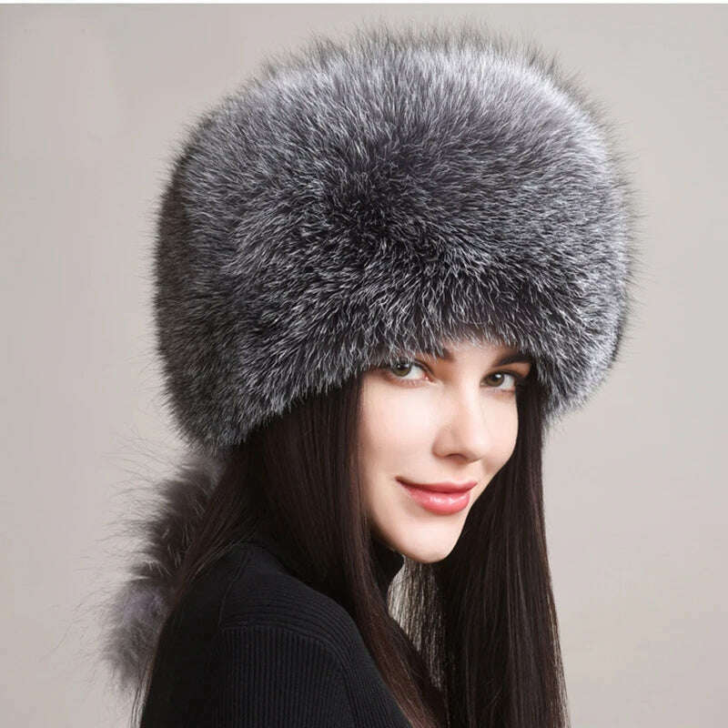 Winter Real Fox Fur Hats For Women Winter Stylish Russian Thick Warm Beanie women Hat Natural Fluffy Fur Caps With Tail, silver blue, KIMLUD Women's Clothes