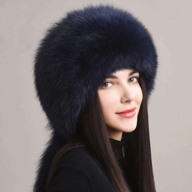 Winter Real Fox Fur Hats For Women Winter Stylish Russian Thick Warm Beanie women Hat Natural Fluffy Fur Caps With Tail, dark blue, KIMLUD Women's Clothes