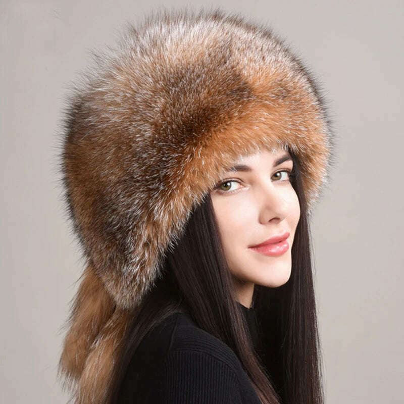KIMLUD, Winter Real Fox Fur Hats For Women Winter Stylish Russian Thick Warm Beanie women Hat Natural Fluffy Fur Caps With Tail, gold, KIMLUD Womens Clothes