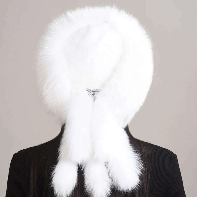 Winter Real Fox Fur Hats For Women Winter Stylish Russian Thick Warm Beanie women Hat Natural Fluffy Fur Caps With Tail, KIMLUD Women's Clothes