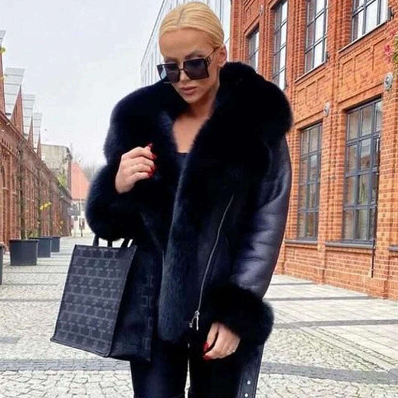KIMLUD, Winter Real Fur Coats Natural Women High Quality Genuine Leather Jacket With Big Fox Fur Turn-down Collar Luxury Overcoats 2022, Black With Cuffs / S bust 88cm, KIMLUD Women's Clothes