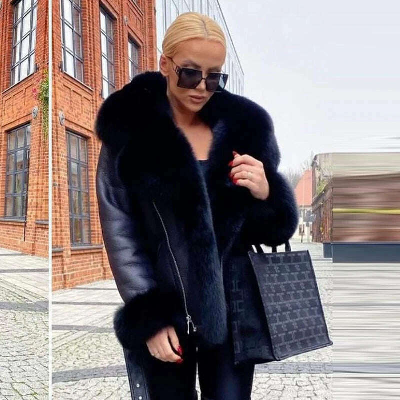 KIMLUD, Winter Real Fur Coats Natural Women High Quality Genuine Leather Jacket With Big Fox Fur Turn-down Collar Luxury Overcoats 2022, KIMLUD Womens Clothes