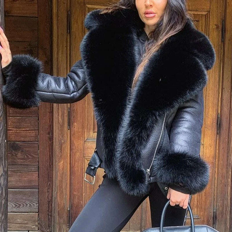 KIMLUD, Winter Real Fur Coats Natural Women High Quality Genuine Leather Jacket With Big Fox Fur Turn-down Collar Luxury Overcoats 2022, KIMLUD Womens Clothes