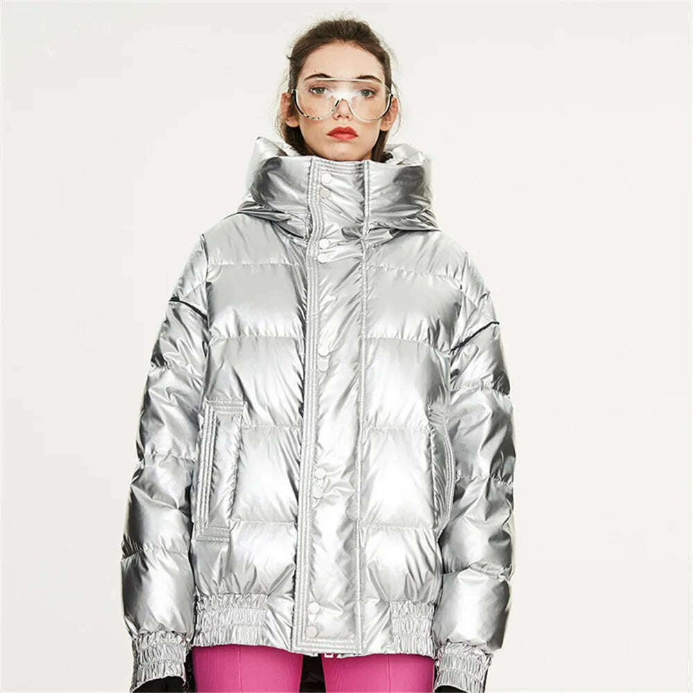 KIMLUD, Winter Shiny Waterproof oversized Down Coats warm fluffy down coat female thicker Hooded Down parkas catwalk down jackets wy1054, Shiny silvery / S, KIMLUD Womens Clothes