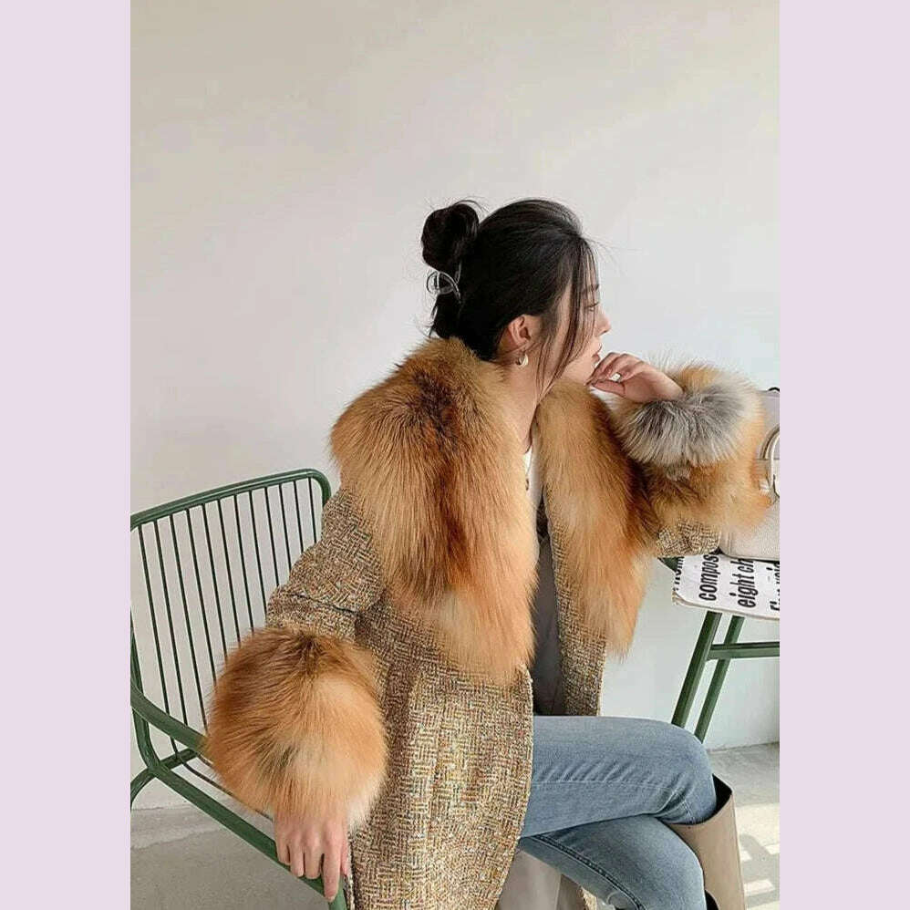 Winter super fluffy warm real fox fur collar down jacket cotton coat leather collar sleeve real fur universal scarf - KIMLUD