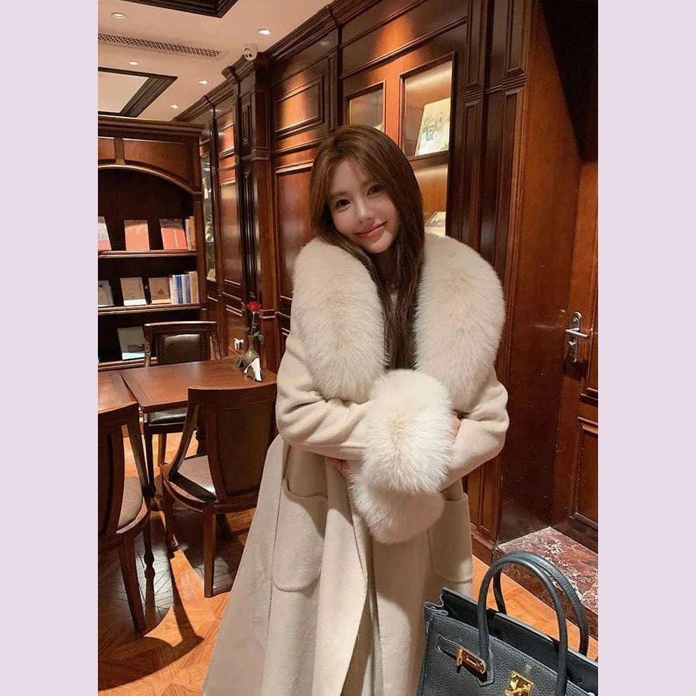 Winter super fluffy warm real fox fur collar down jacket cotton coat leather collar sleeve real fur universal scarf - KIMLUD