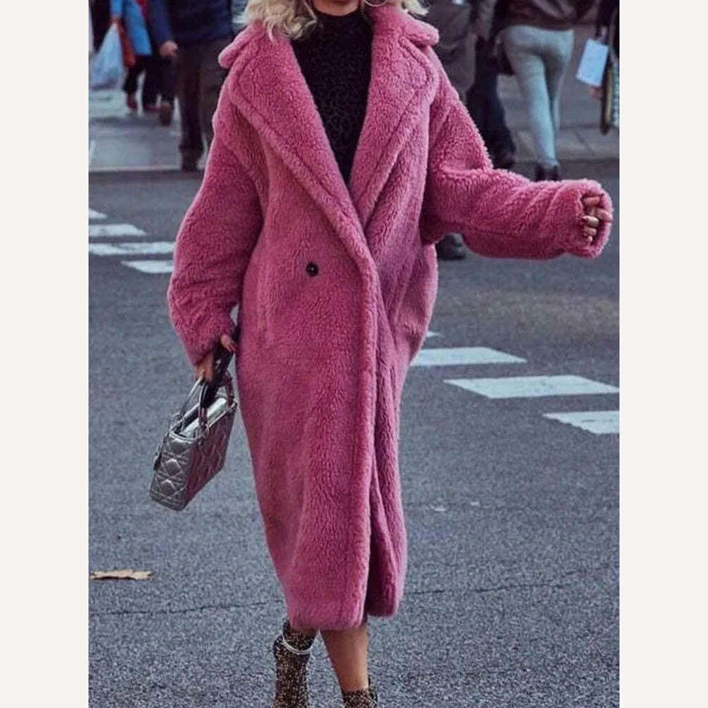 Winter Thick Jacket Women Faux Fur Lambswool Fleece Teddy Coat Female Fashion Solid Color Loose Long Sleeve Lapel Long Outerwear, KIMLUD Women's Clothes