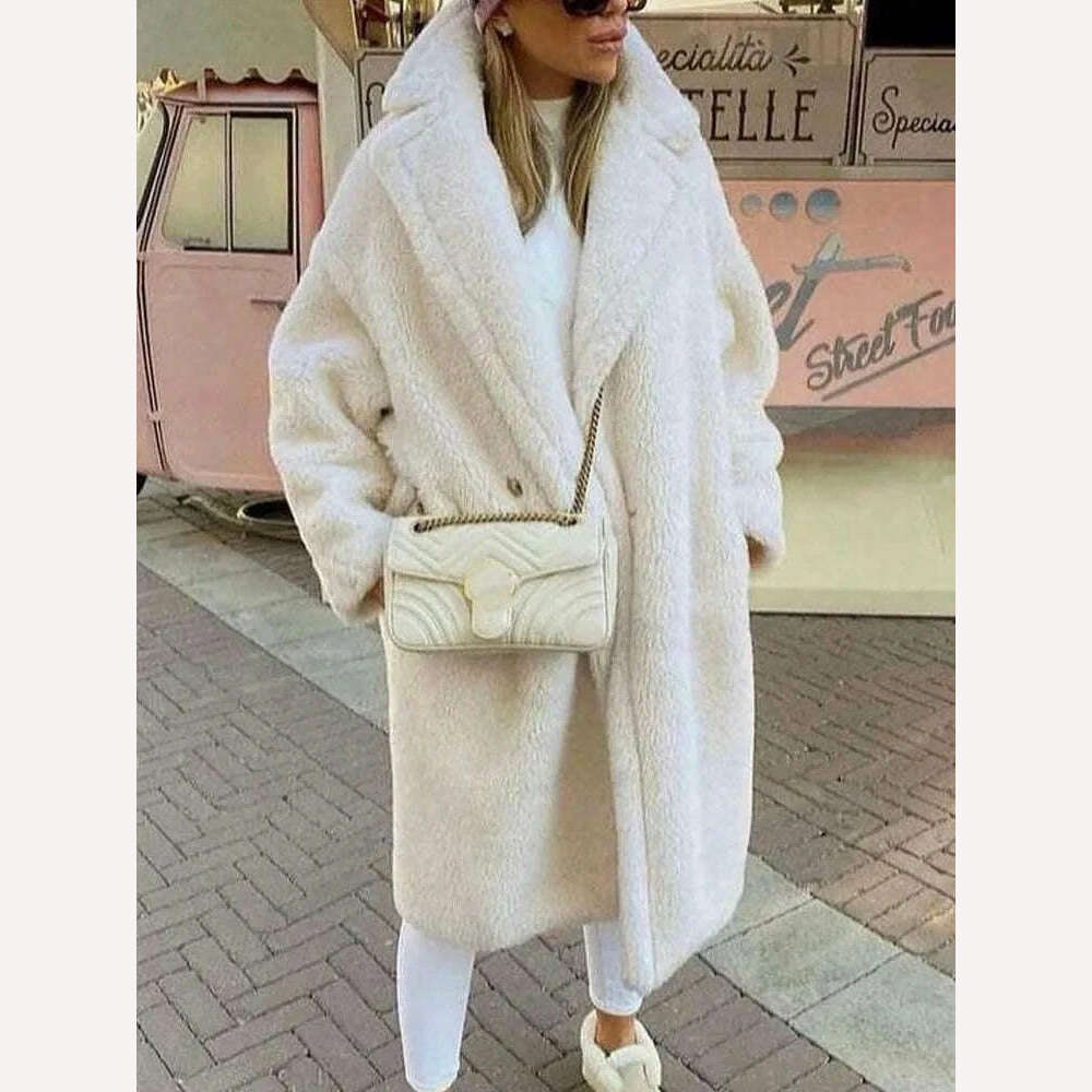 KIMLUD, Winter Thick Jacket Women Faux Fur Lambswool Fleece Teddy Coat Female Fashion Solid Color Loose Long Sleeve Lapel Long Outerwear, KIMLUD Womens Clothes