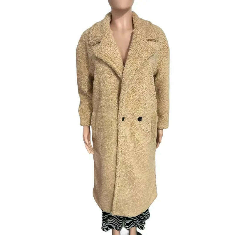 KIMLUD, Winter Thick Jacket Women Faux Fur Lambswool Fleece Teddy Coat Female Fashion Solid Color Loose Long Sleeve Lapel Long Outerwear, Khaki / XS, KIMLUD Womens Clothes
