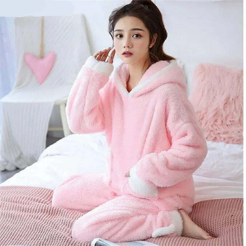 KIMLUD, Winter Thick Warm Coral Flannel Nightwear Femme Leisure Elegant Cute Pajama Women Pyjamas Sets Sleepwear Suit Hooded Fashion, KIMLUD Womens Clothes