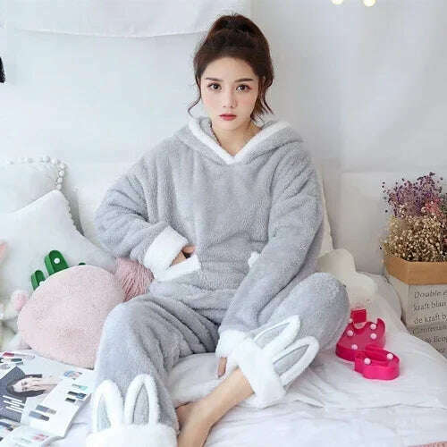 KIMLUD, Winter Thick Warm Coral Flannel Nightwear Femme Leisure Elegant Cute Pajama Women Pyjamas Sets Sleepwear Suit Hooded Fashion, grey / M, KIMLUD Womens Clothes