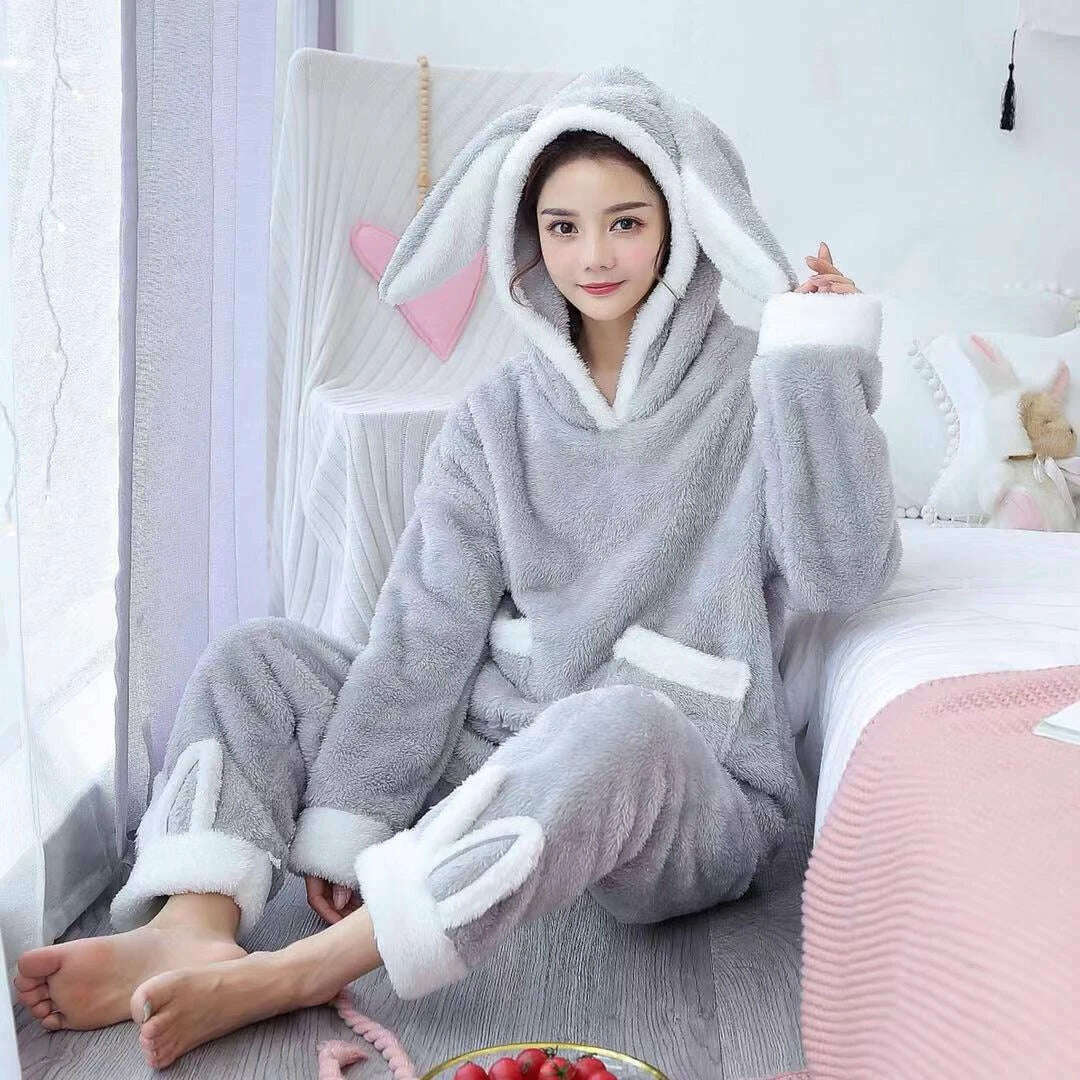 KIMLUD, Winter Thick Warm Coral Flannel Nightwear Femme Leisure Elegant Cute Pajama Women Pyjamas Sets Sleepwear Suit Hooded Fashion, KIMLUD Women's Clothes
