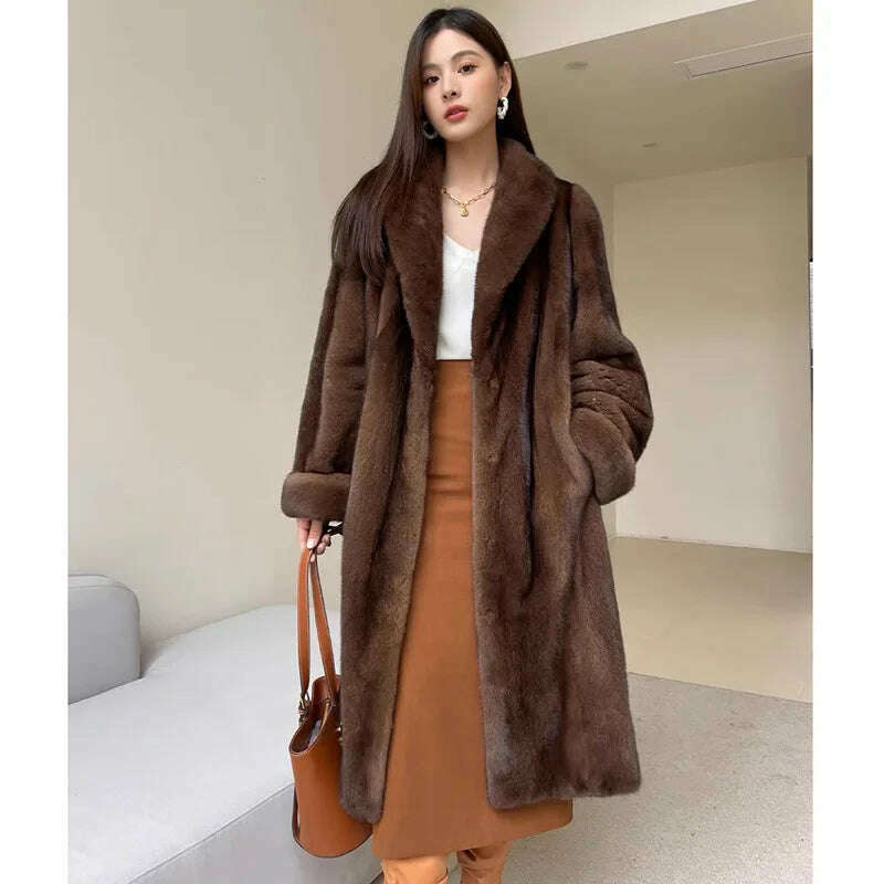 KIMLUD, Winter Thick Warm Long Faux Fur Coat Women Long Sleeve Plus Size Luxury High Quality Fur Coat Lapel Tops Loose Winter Jacket, Dark Brown / Asian S, KIMLUD Womens Clothes