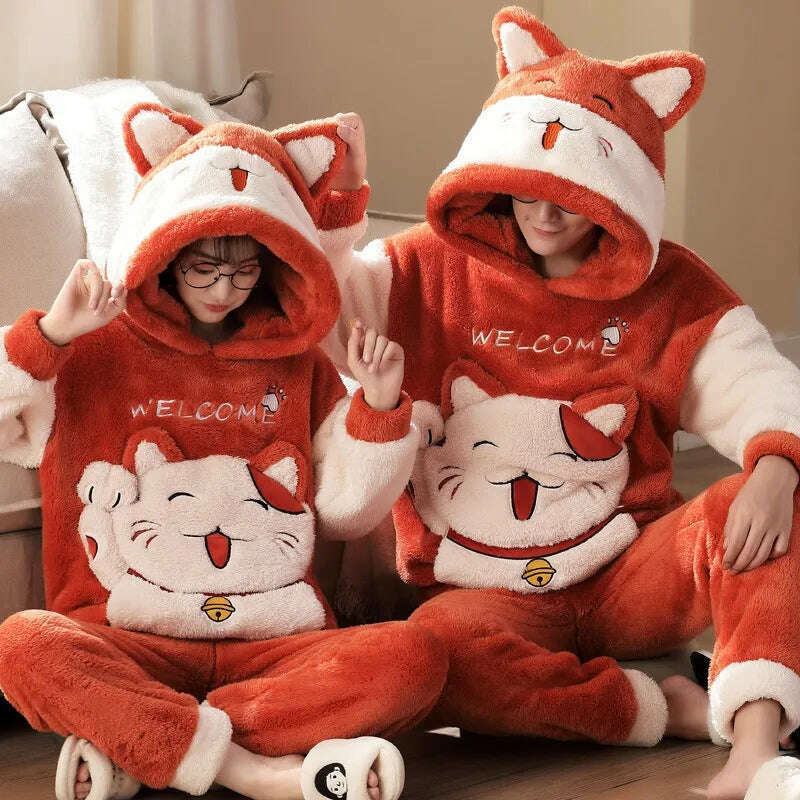 KIMLUD, Winter Thicken Couples Pajamas Sets Sleepwear Adult  Cartoon Cat Kawaii Women Men Anime Pyjamas Korean Hoodie Suits Nightgown, 4408 / WOMEN-M, KIMLUD Women's Clothes