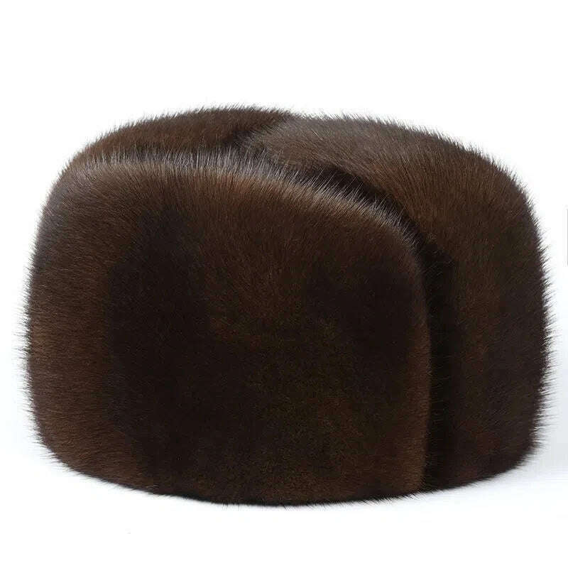 Winter Thickened Genuine Mink Fur Bomber Hat For Man Black/Brown Tag Elderly Ear Warm Chapeau Motorcycle Russian Style Mink Caps - KIMLUD