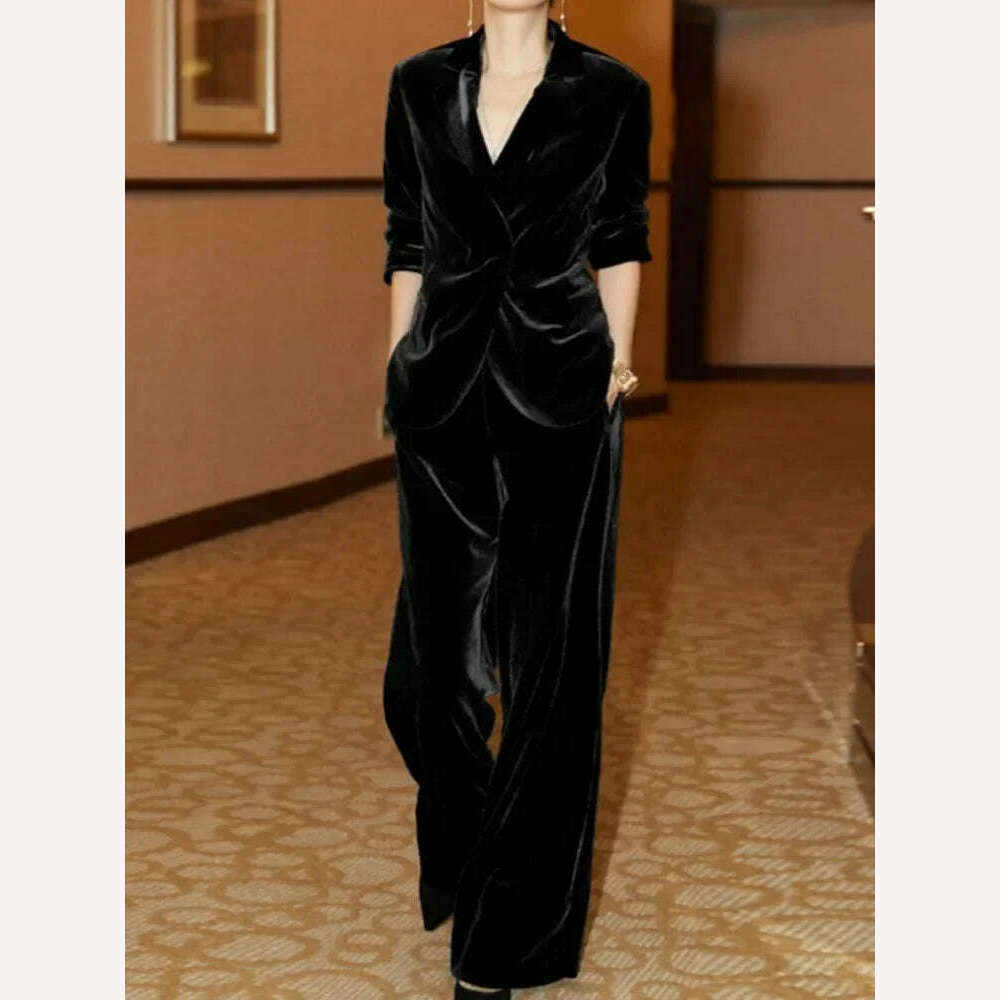 KIMLUD, Winter Vintage Elegant New 2 Piece Set Women Velvet Pantsuits Retro Slim Solid Jackets High Waist Pants Female Casual Sets 2024, Black / S, KIMLUD Womens Clothes