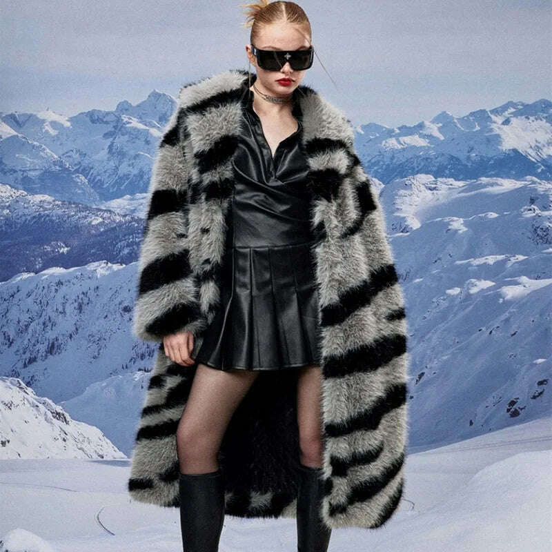 KIMLUD, Winter Vintage Thick Warm Long Faux Fur Coat Women Fluffy Jacket Fur Coat Plus Size Korean Cardigan Outerwear Tops Zebra Print, KIMLUD Womens Clothes
