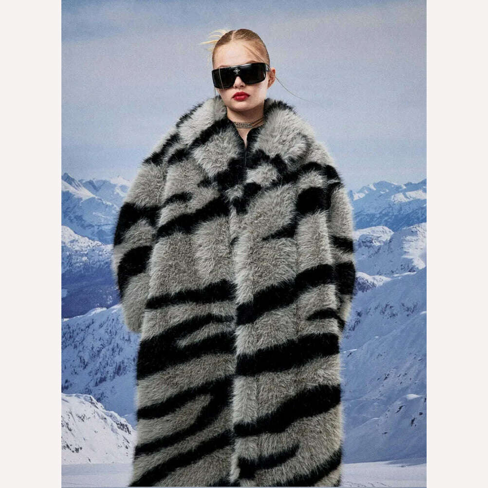 KIMLUD, Winter Vintage Thick Warm Long Faux Fur Coat Women Fluffy Jacket Fur Coat Plus Size Korean Cardigan Outerwear Tops Zebra Print, KIMLUD Women's Clothes