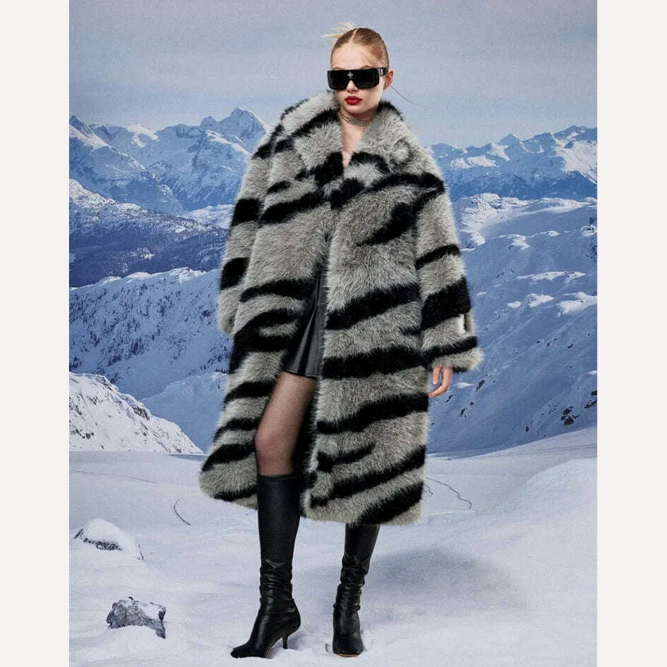KIMLUD, Winter Vintage Thick Warm Long Faux Fur Coat Women Fluffy Jacket Fur Coat Plus Size Korean Cardigan Outerwear Tops Zebra Print, KIMLUD Womens Clothes