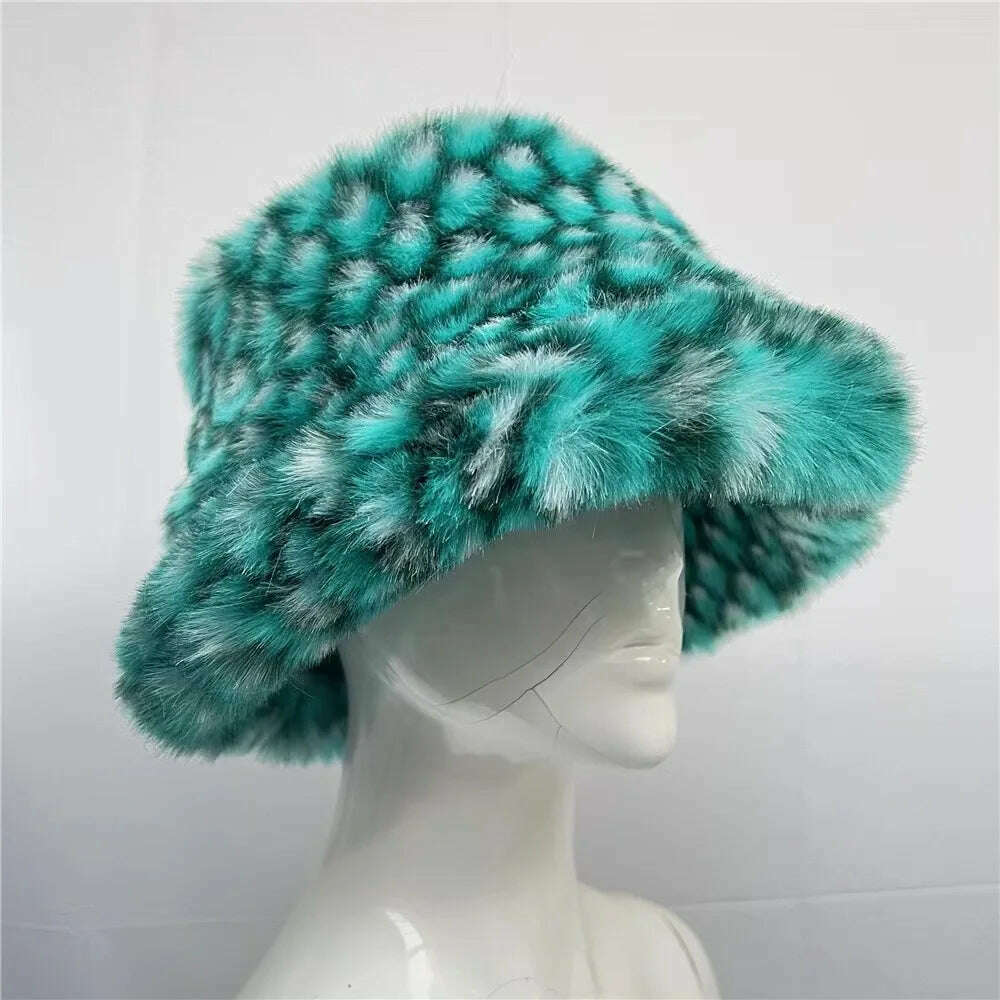 Winter Warm Faux Fur Bucket Hats For Women Girl Big Faux Fur Fluffy Luxury Plush Fisherman Caps Fashion Outdoor Ski Hat - KIMLUD