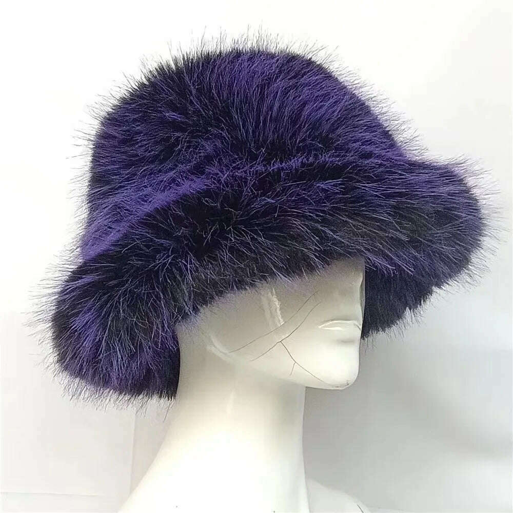 Winter Warm Faux Fur Bucket Hats For Women Girl Big Faux Fur Fluffy Luxury Plush Fisherman Caps Fashion Outdoor Ski Hat - KIMLUD