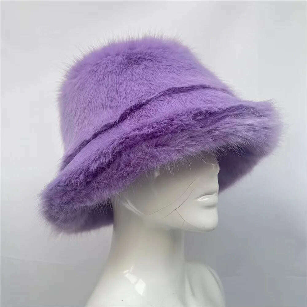 Winter Warm Faux Fur Bucket Hats For Women Girl Big Faux Fur Fluffy Luxury Plush Fisherman Caps Fashion Outdoor Ski Hat - KIMLUD