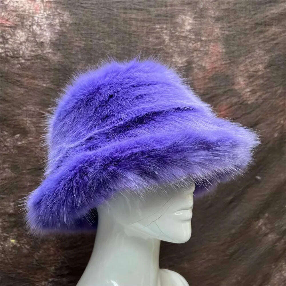 KIMLUD, Winter Warm Faux Fur Bucket Hats For Women Girl Big Faux Fur Fluffy Luxury Plush Fisherman Caps Fashion Outdoor Ski Hat, 31 / CHINA / 55-60CM, KIMLUD Womens Clothes
