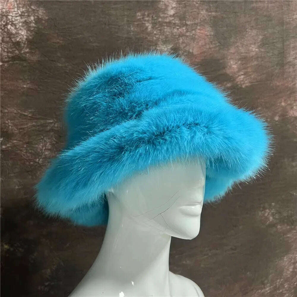 Winter Warm Faux Fur Bucket Hats For Women Girl Big Faux Fur Fluffy Luxury Plush Fisherman Caps Fashion Outdoor Ski Hat - KIMLUD
