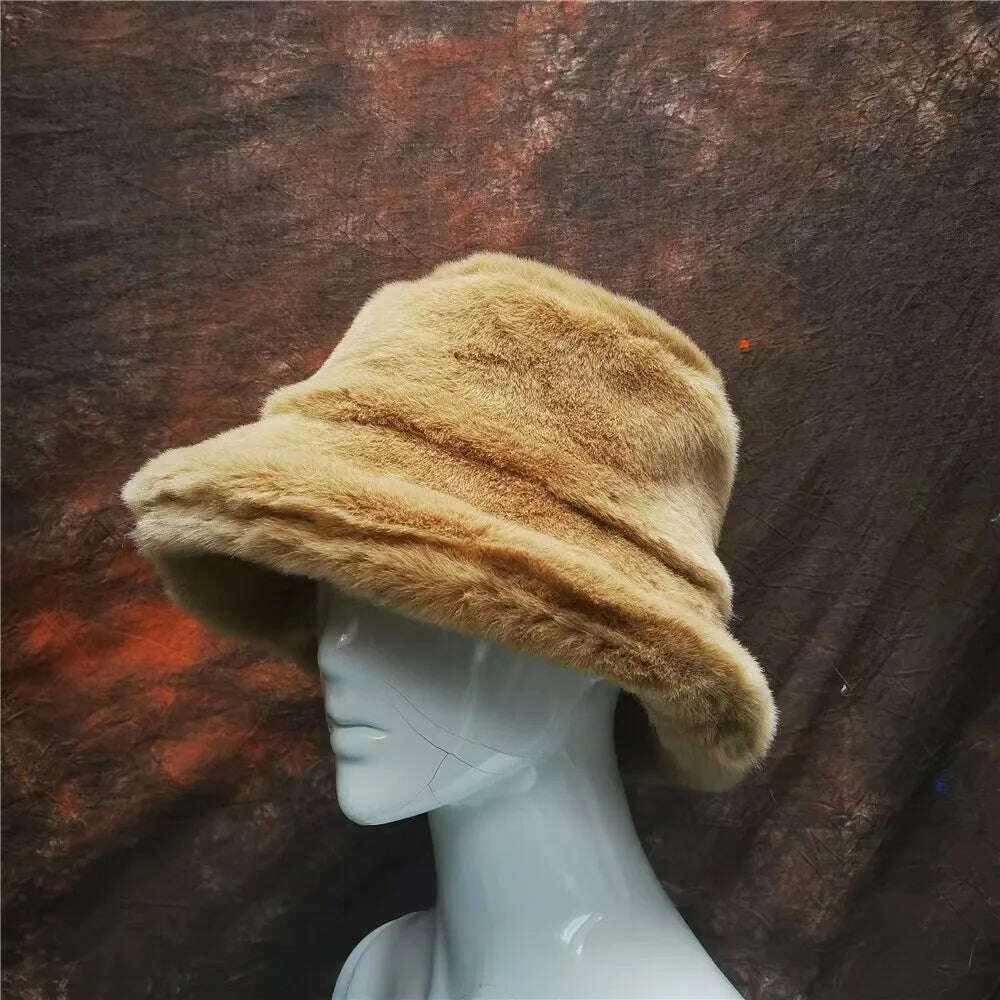 Winter Warm Faux Fur Bucket Hats For Women Girl Big Faux Fur Fluffy Luxury Plush Fisherman Caps Fashion Outdoor Ski Hat - KIMLUD