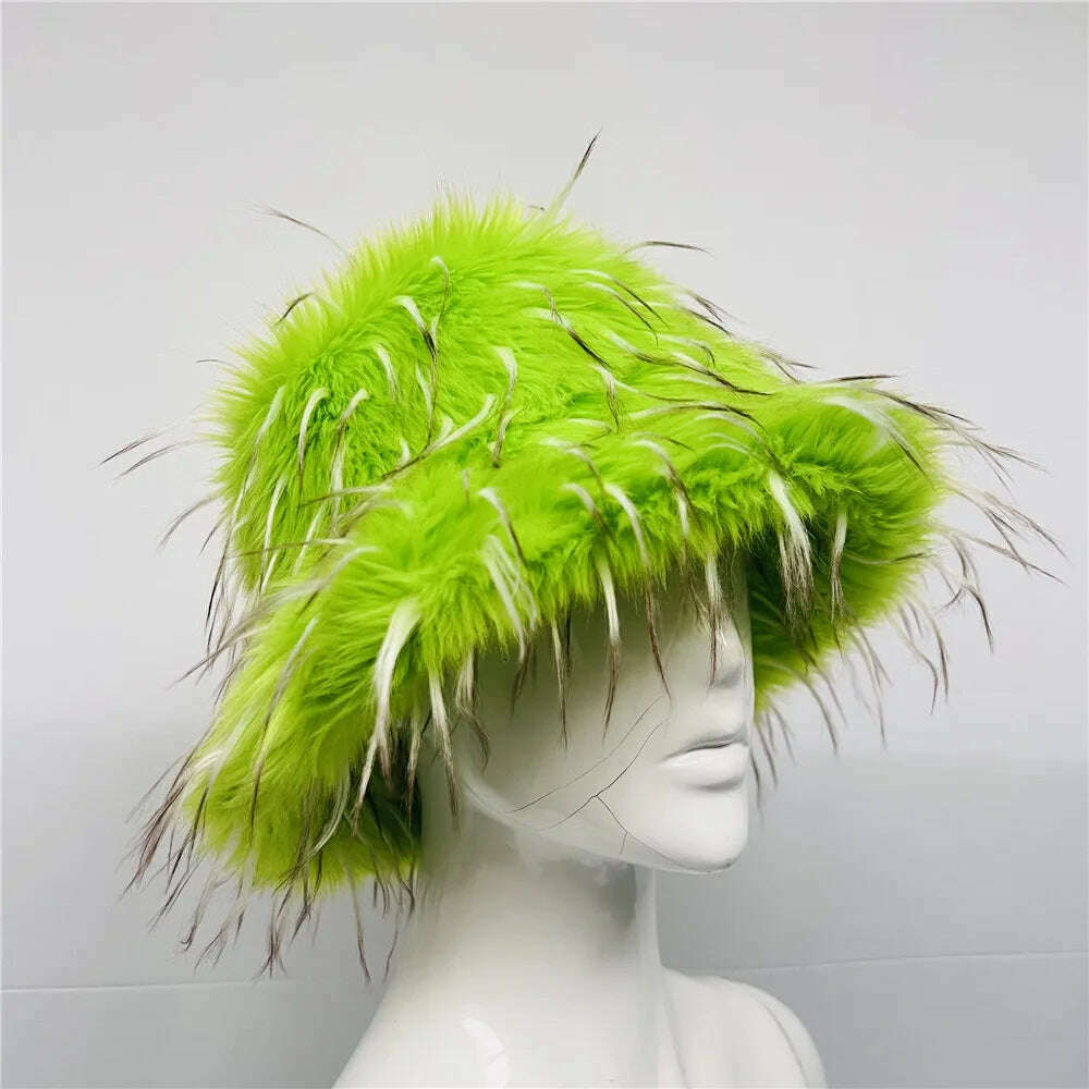 Winter Warm Faux Fur Bucket Hats For Women Girl Big Faux Fur Fluffy Luxury Plush Fisherman Caps Fashion Outdoor Ski Hat - KIMLUD