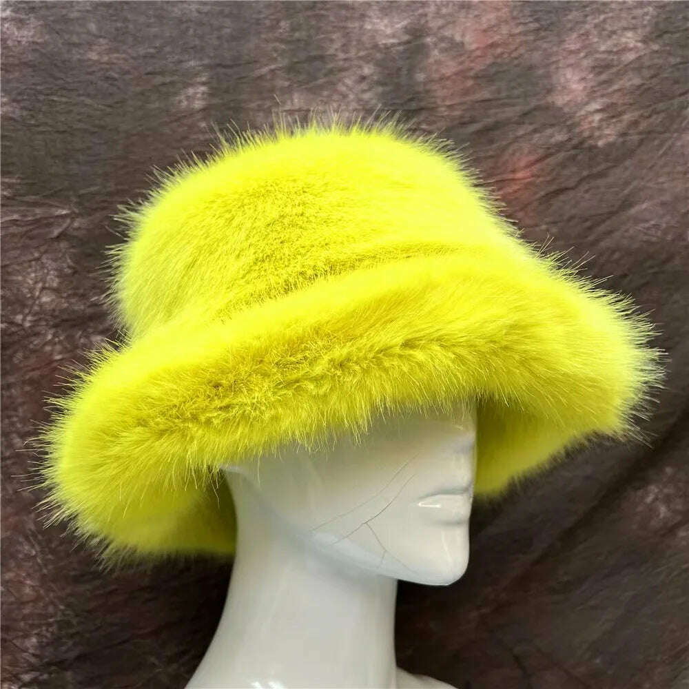 Winter Warm Faux Fur Bucket Hats For Women Girl Big Faux Fur Fluffy Luxury Plush Fisherman Caps Fashion Outdoor Ski Hat - KIMLUD
