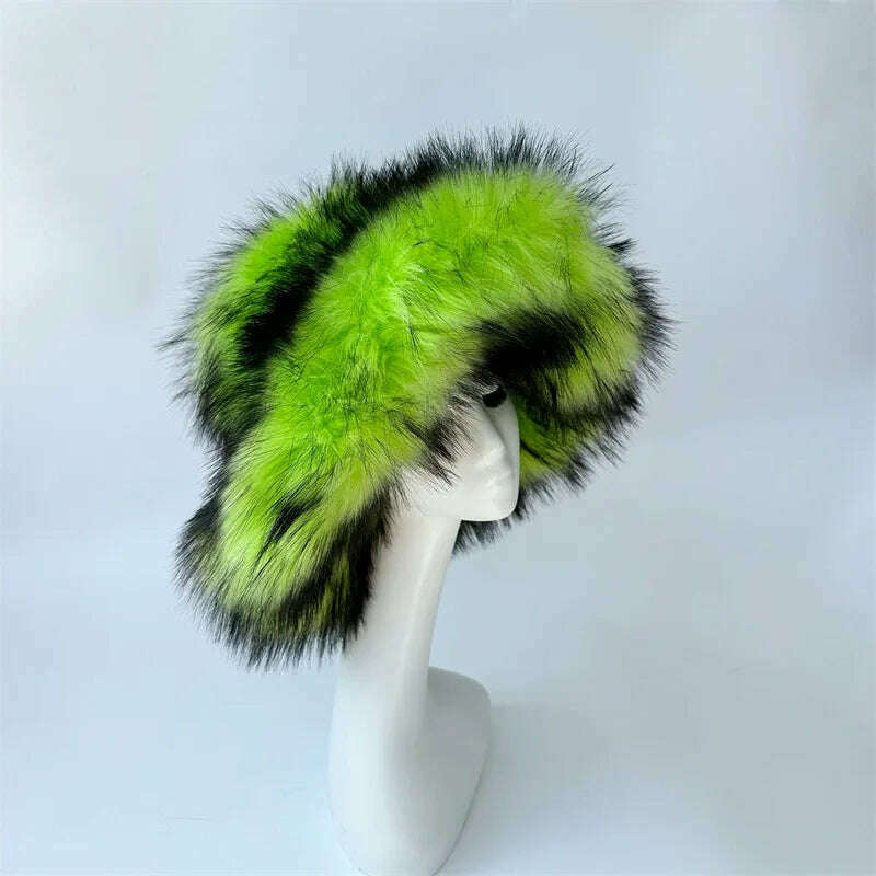 Winter Warm Faux Fur Bucket Hats For Women Girl Big Faux Fur Fluffy Luxury Plush Fisherman Caps Fashion Outdoor Ski Hat - KIMLUD