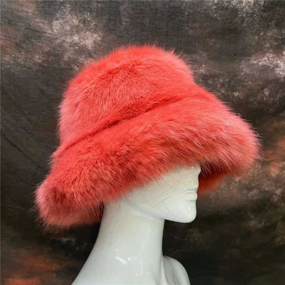Winter Warm Faux Fur Bucket Hats For Women Girl Big Faux Fur Fluffy Luxury Plush Fisherman Caps Fashion Outdoor Ski Hat - KIMLUD